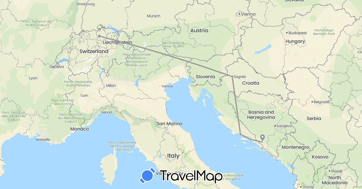 TravelMap itinerary: driving, plane in Bosnia and Herzegovina, Switzerland, Croatia (Europe)